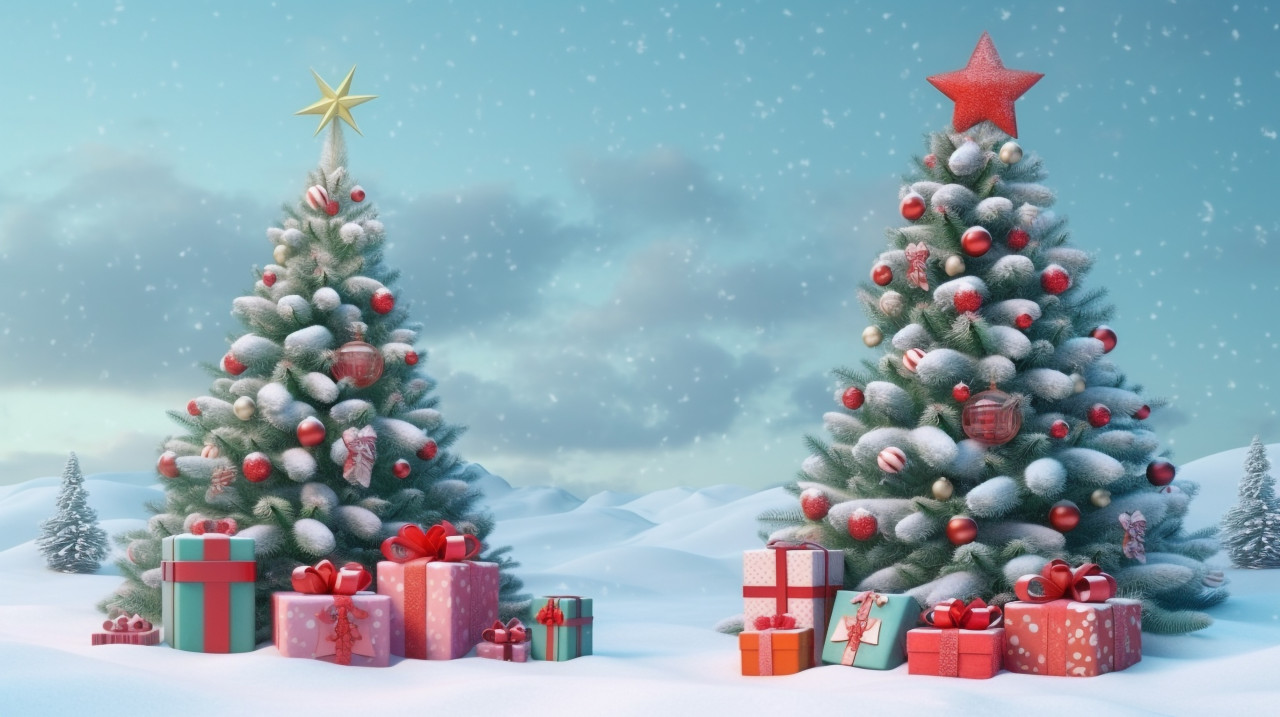A snowy christmas tree and presents with snowy background, christmas stock image ai, christmas stock photos ai