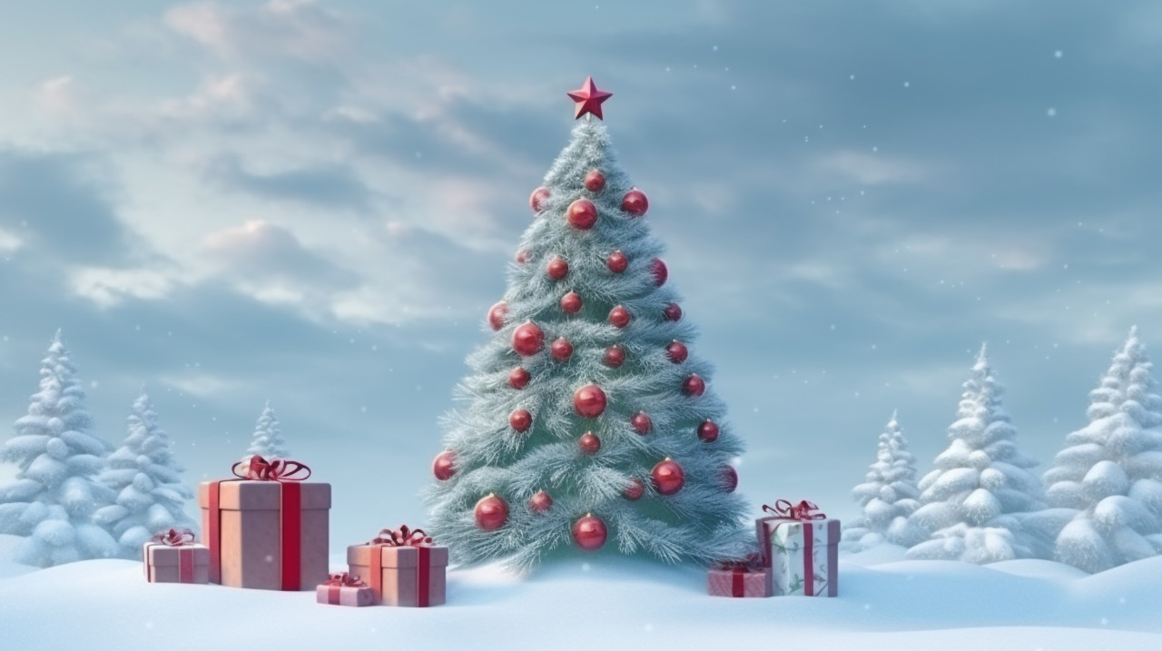 Snowy christmas tree with presents, christmas stock image ai, christmas stock photos ai