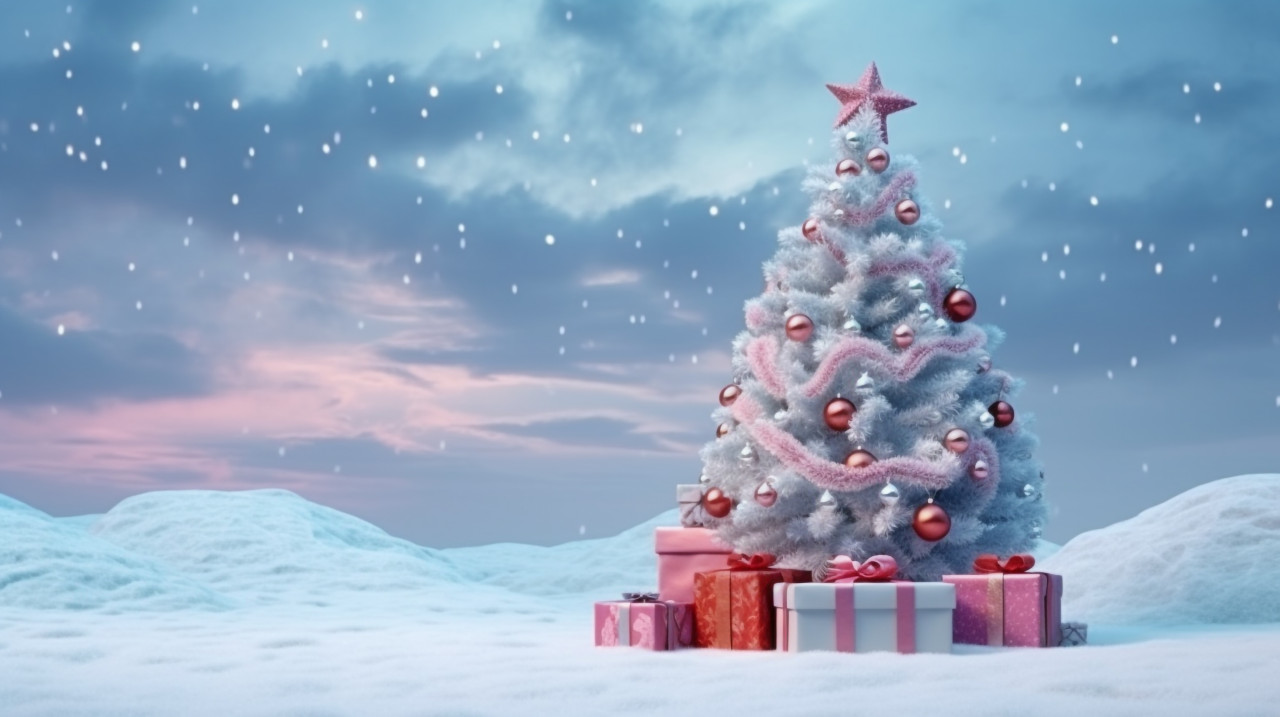 Snowy holiday tree with presents, christmas stock image ai, christmas stock photos ai