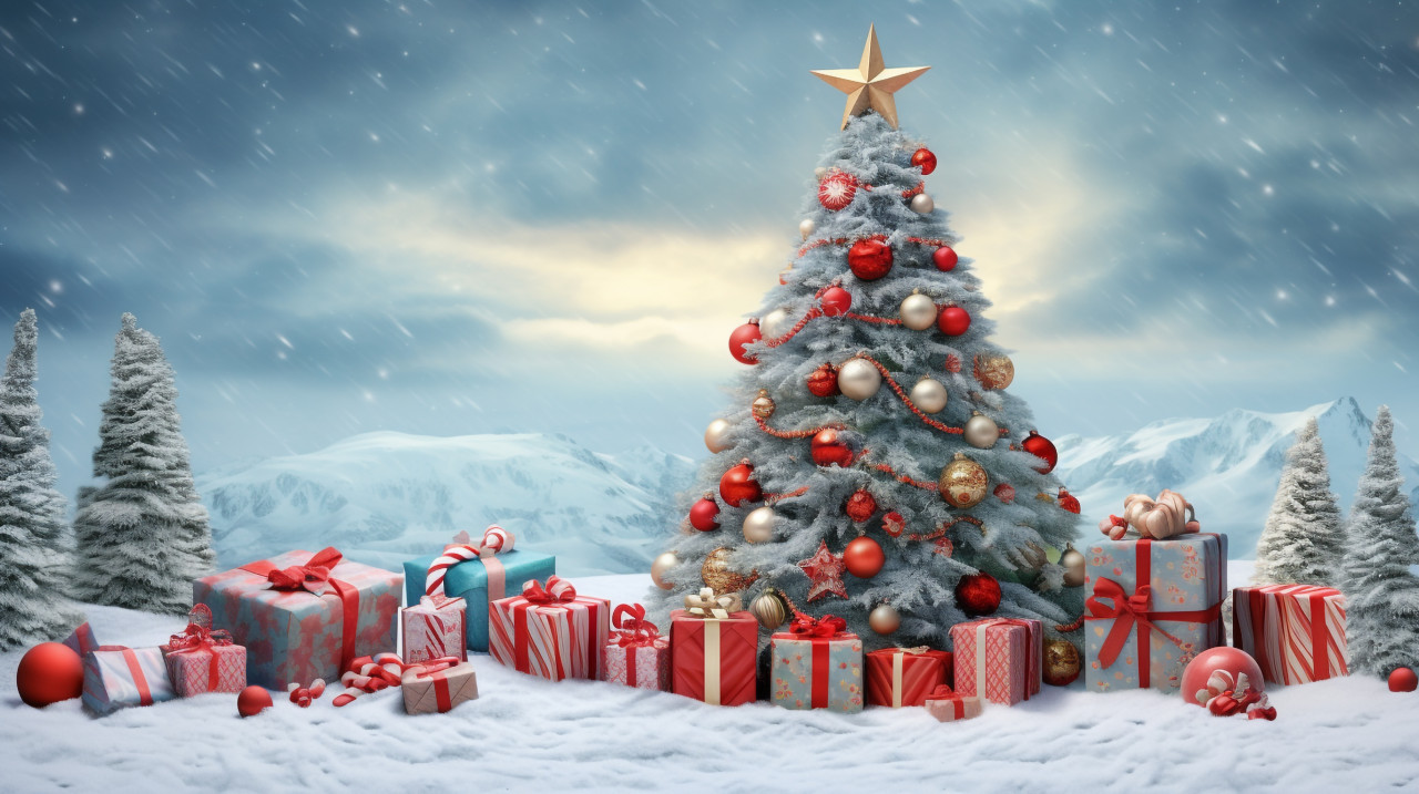 A christmas tree surrounded by gifts and snow, christmas stock image ai, christmas stock photos ai