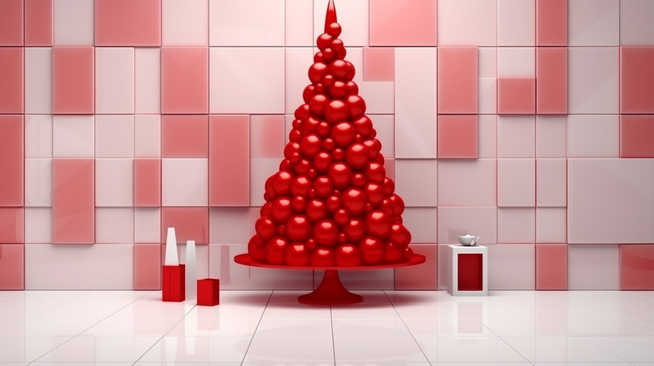 Red christmas tree with gifts and squares, christmas stock image ai, christmas stock photos ai