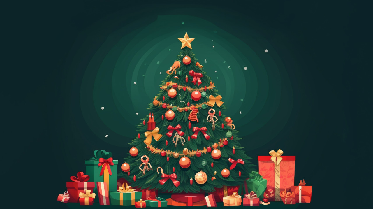 Christmas tree with gifts surrounded by present vector, christmas stock image ai, christmas stock photos ai