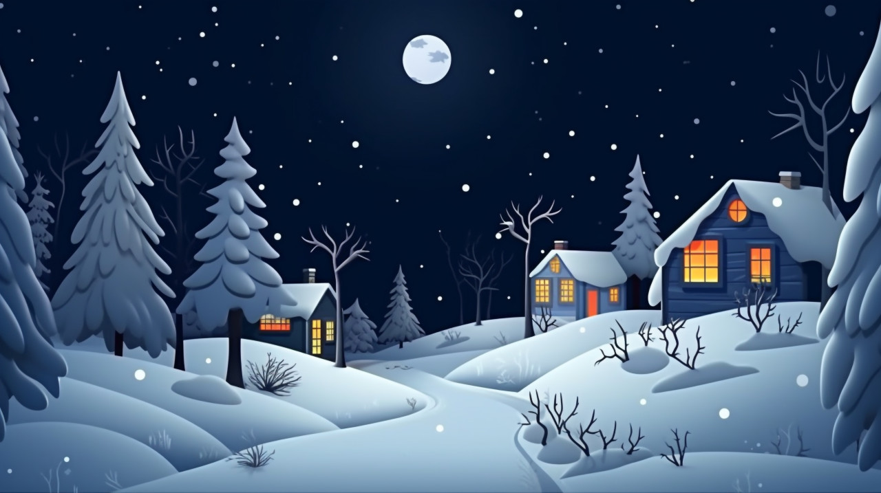A snowy winter scene with snow trees and house , christmas stock image ai, christmas stock photos ai