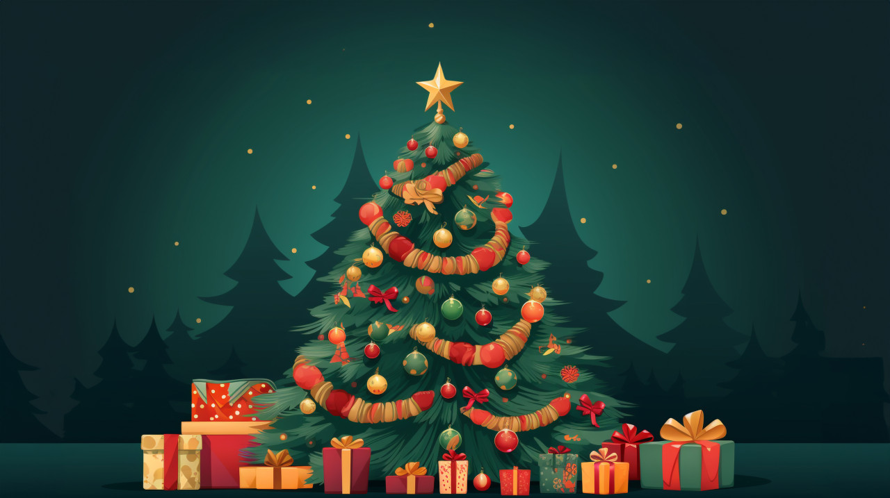 Christmas tree with gifts surrounded by present vector, christmas stock image ai, christmas stock photos ai