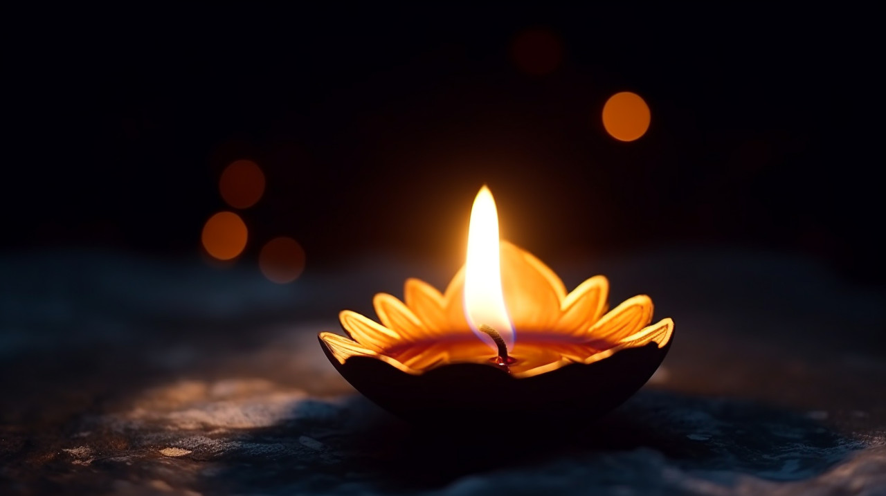 Diya flame flickering in the darkness, diwali festival stock image, diwali festival ai prompt