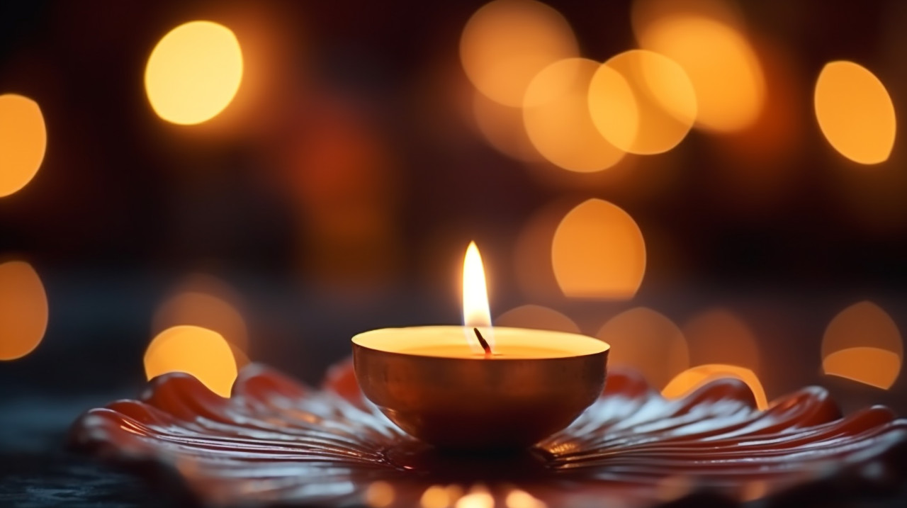 Luminous diya flame in the night, diwali festival stock image, diwali festival ai prompt
