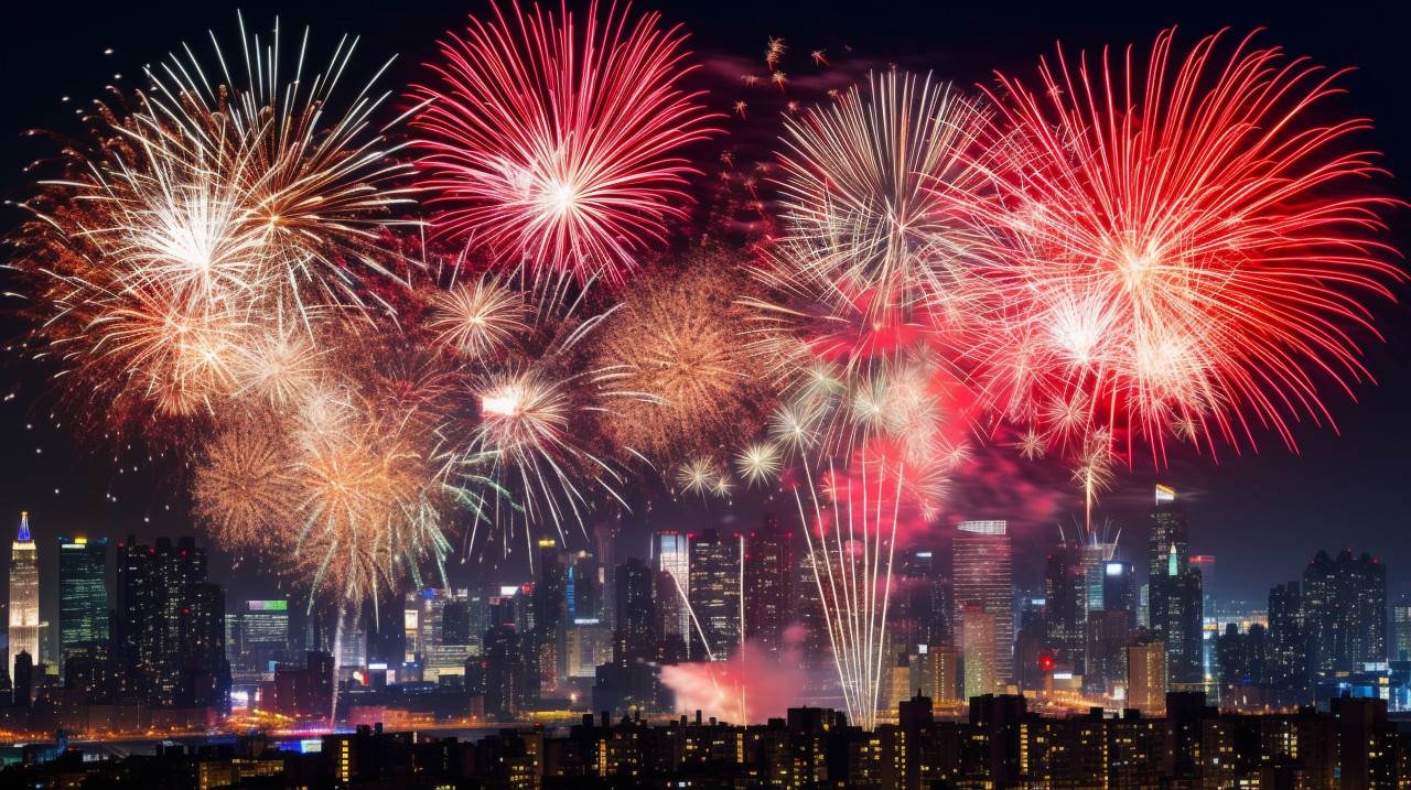 Firecrackers bursting in the night sky, diwali festival stock image, diwali festival ai prompt
