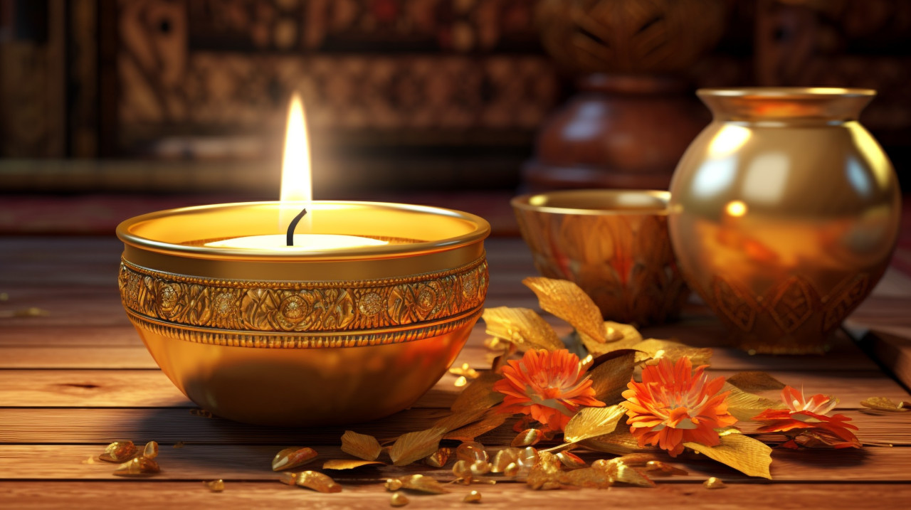 Beautiful gold candle and candle in gold pot on a wooden table, diwali festival stock image, diwali festival ai prompt