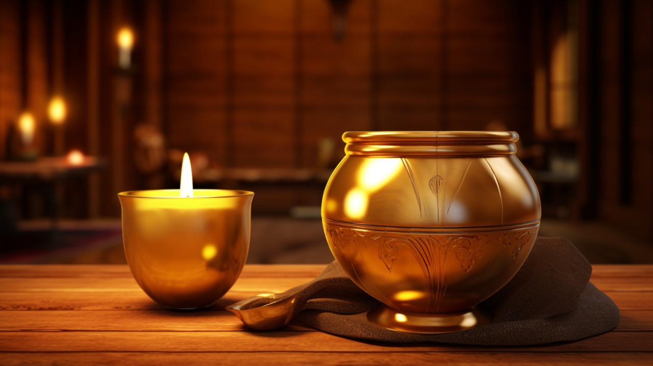 Golden candles on a wooden table, diwali festival stock image, diwali festival ai prompt
