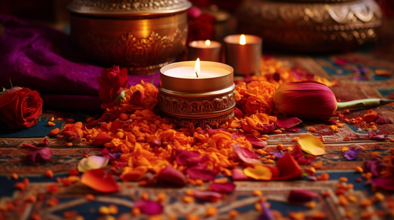 A lit candle on the ground with colorful decor, diwali festival stock image, diwali festival ai prompt