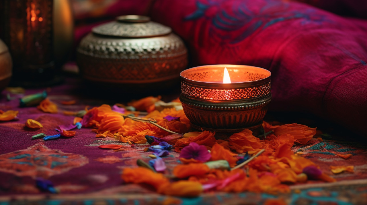 Candlelit decor on rustic floo, diwali festival stock image, diwali festival ai prompt