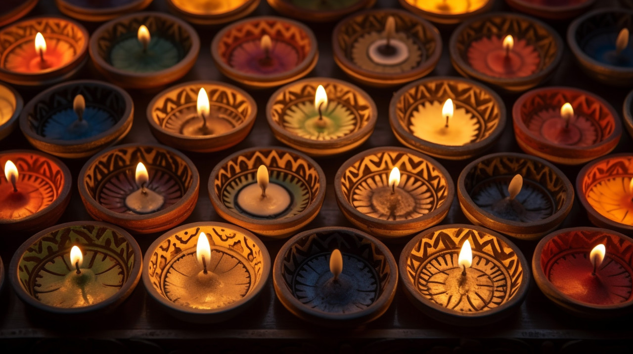 Candles were lit inside trays of clay dishes in india, diwali festival stock image, diwali festival ai prompt