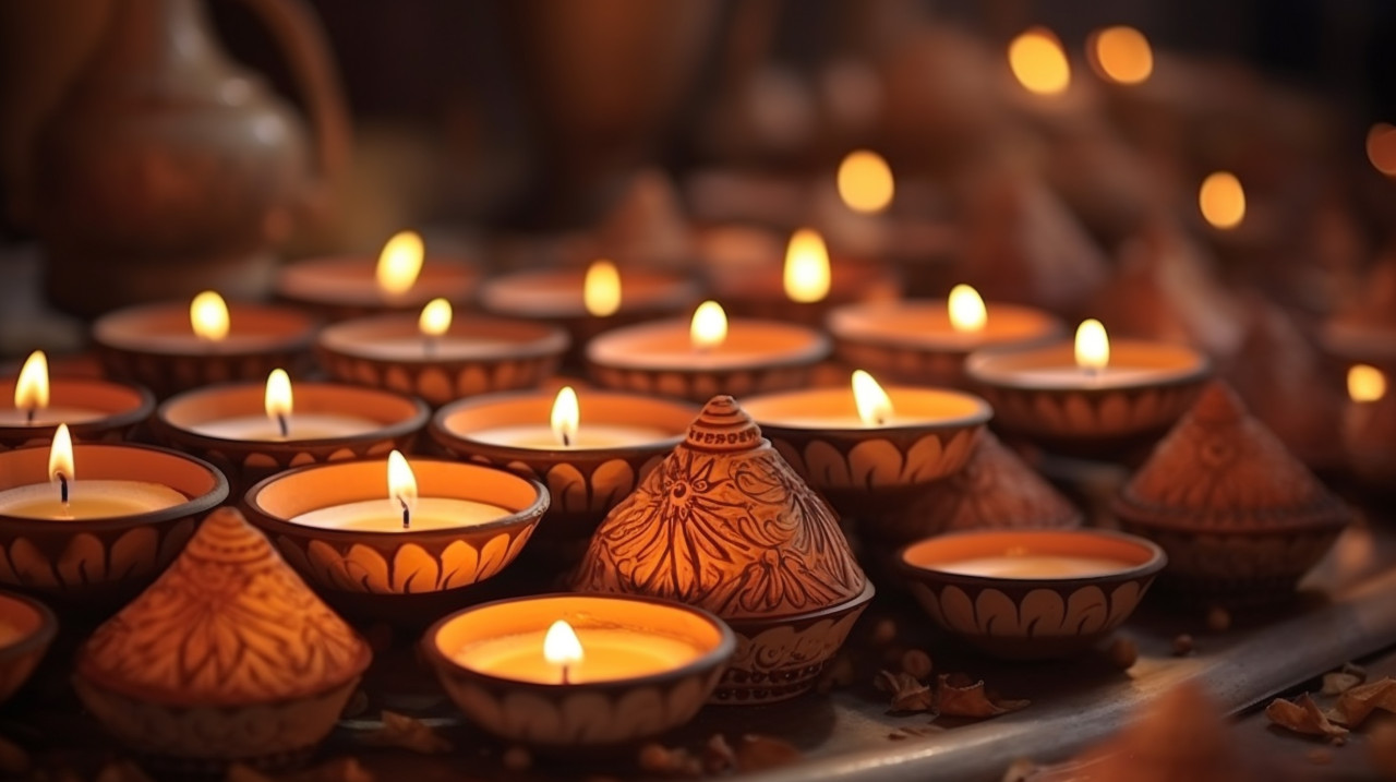 Candles in clay dishes for worship in india, diwali festival stock image, diwali festival ai prompt