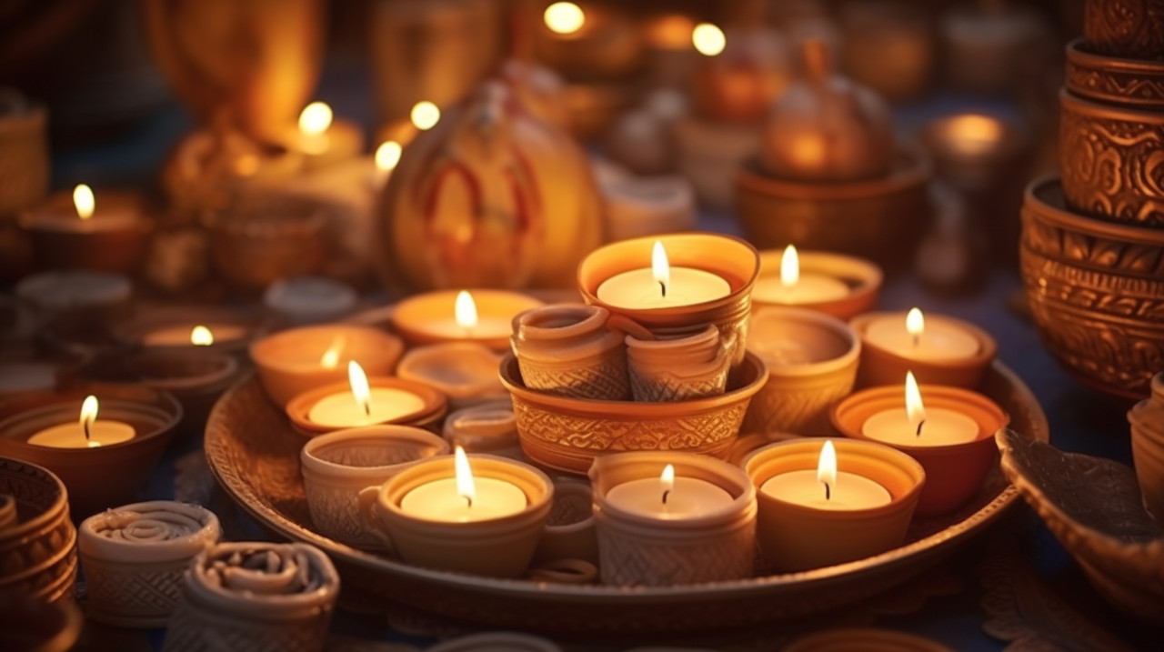 Candles cast a warm glow on clay dishes in india, diwali festival stock image, diwali festival ai prompt