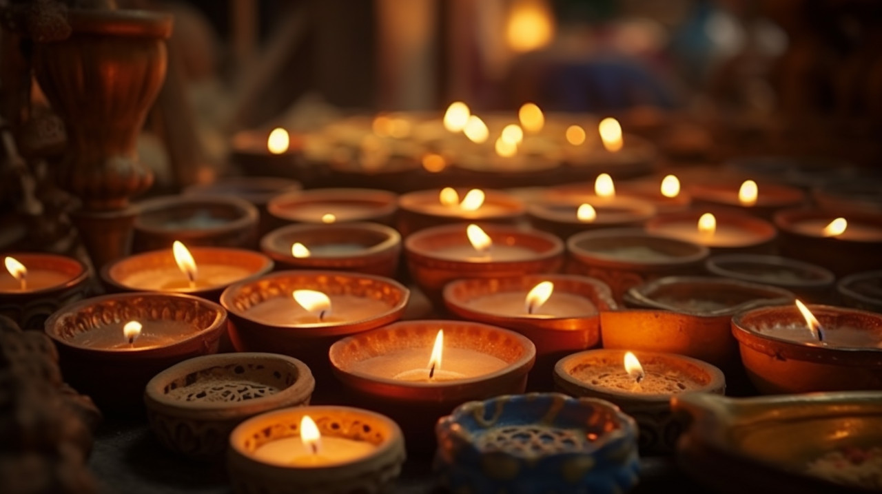 Lit candles in clay trays create a serene scene in india, diwali festival stock image, diwali festival ai prompt