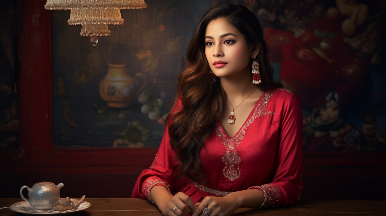 Fashionable young woman in traditional red blouse, diwali festival stock image, diwali festival ai prompt