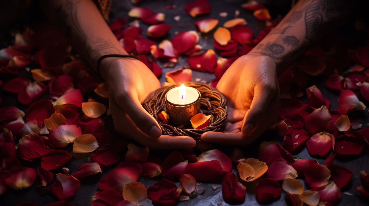 Hand holding lit candles on petals, diwali festival stock image, diwali festival ai prompt
