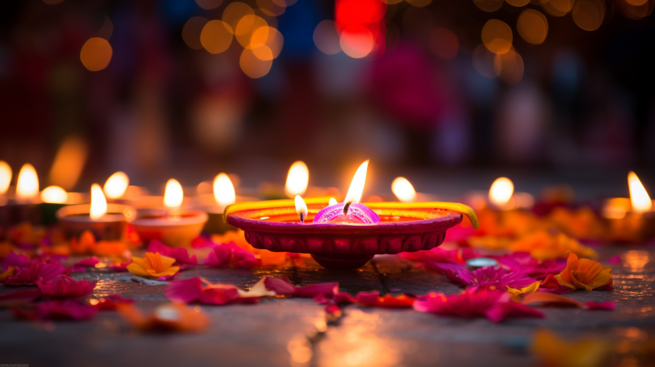 Diya in foreground a beacon of light, diwali festival stock image, diwali festival ai prompt