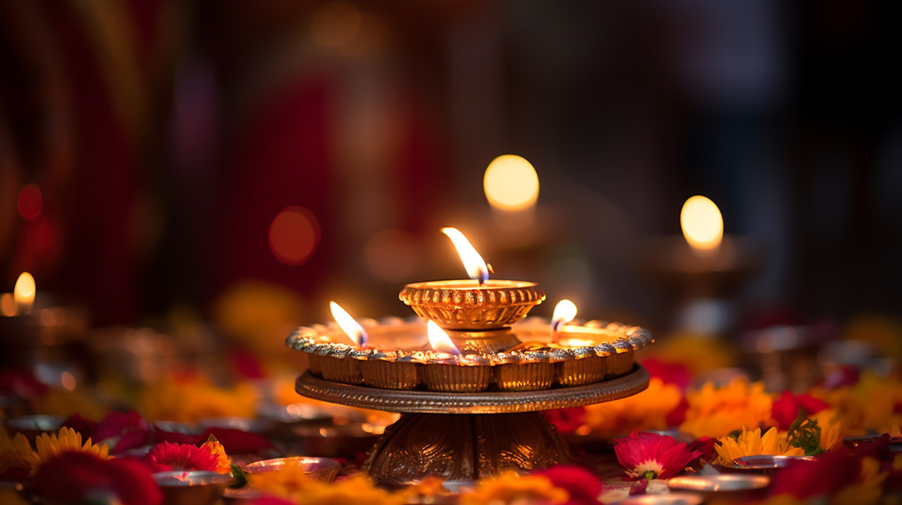 Diya in foreground a traditional indian lamp, diwali festival stock image, diwali festival ai prompt