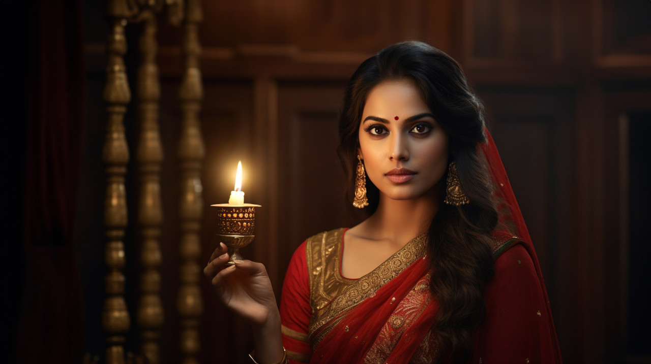 A lady dressed up in a red sari holding a lit lamp, diwali festival stock image, diwali festival ai prompt