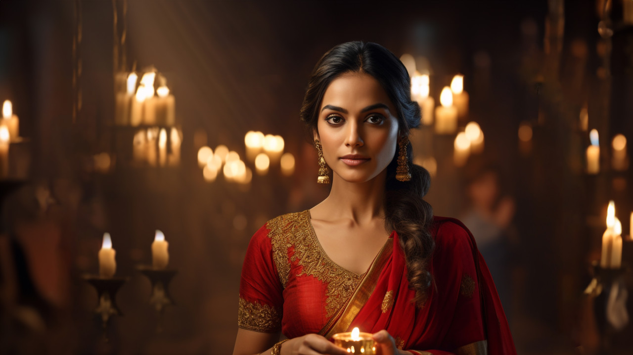 Beautiful indian lady offers prayers with lamp, diwali festival stock image, diwali festival ai prompt