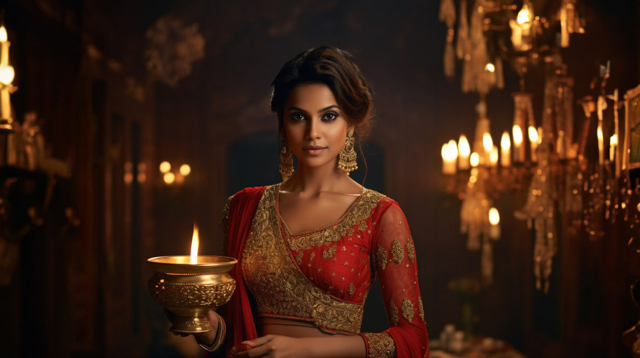 Woman in red sari represents hindu culture, diwali festival stock image, diwali festival ai prompt