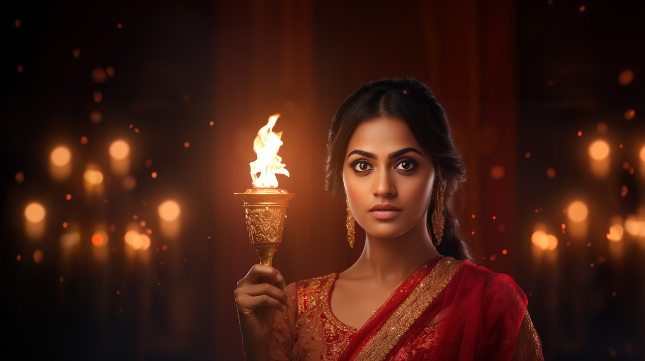 A young lady holding a torch in front of a lamp, diwali festival stock image, diwali festival ai prompt