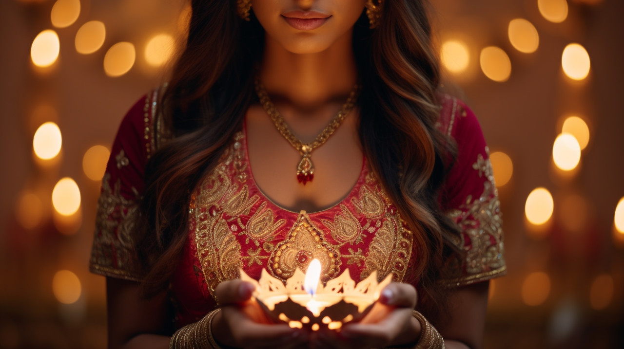 Traditional indian bride lighting gold diya for diwali, diwali festival stock image, diwali festival ai prompt