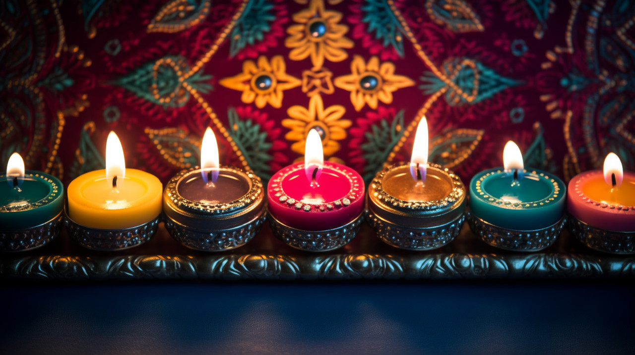 Diwali lights with candles sat on a red pattern, diwali festival stock image, diwali festival ai prompt