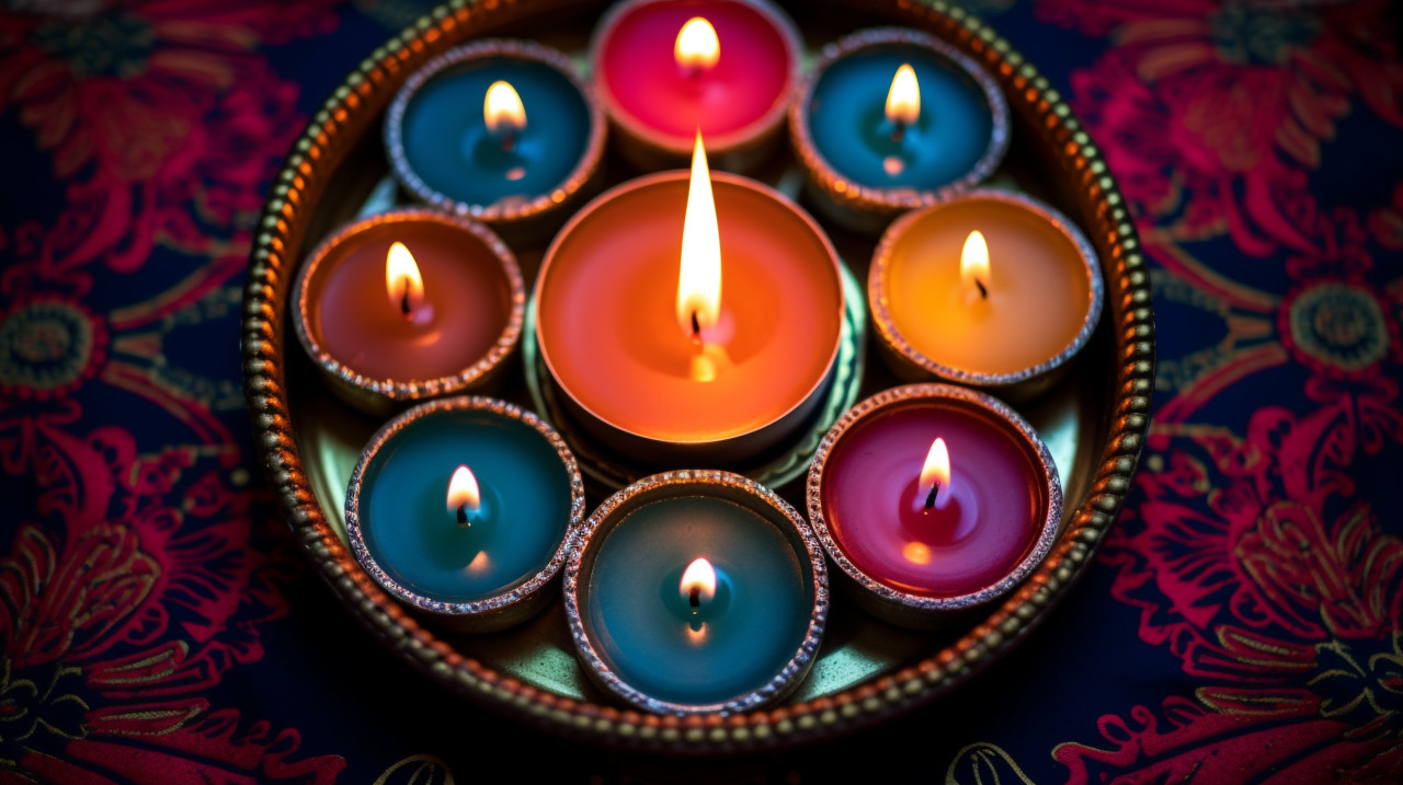 Diwali lights and candles on red pattern, diwali festival stock image, diwali festival ai prompt