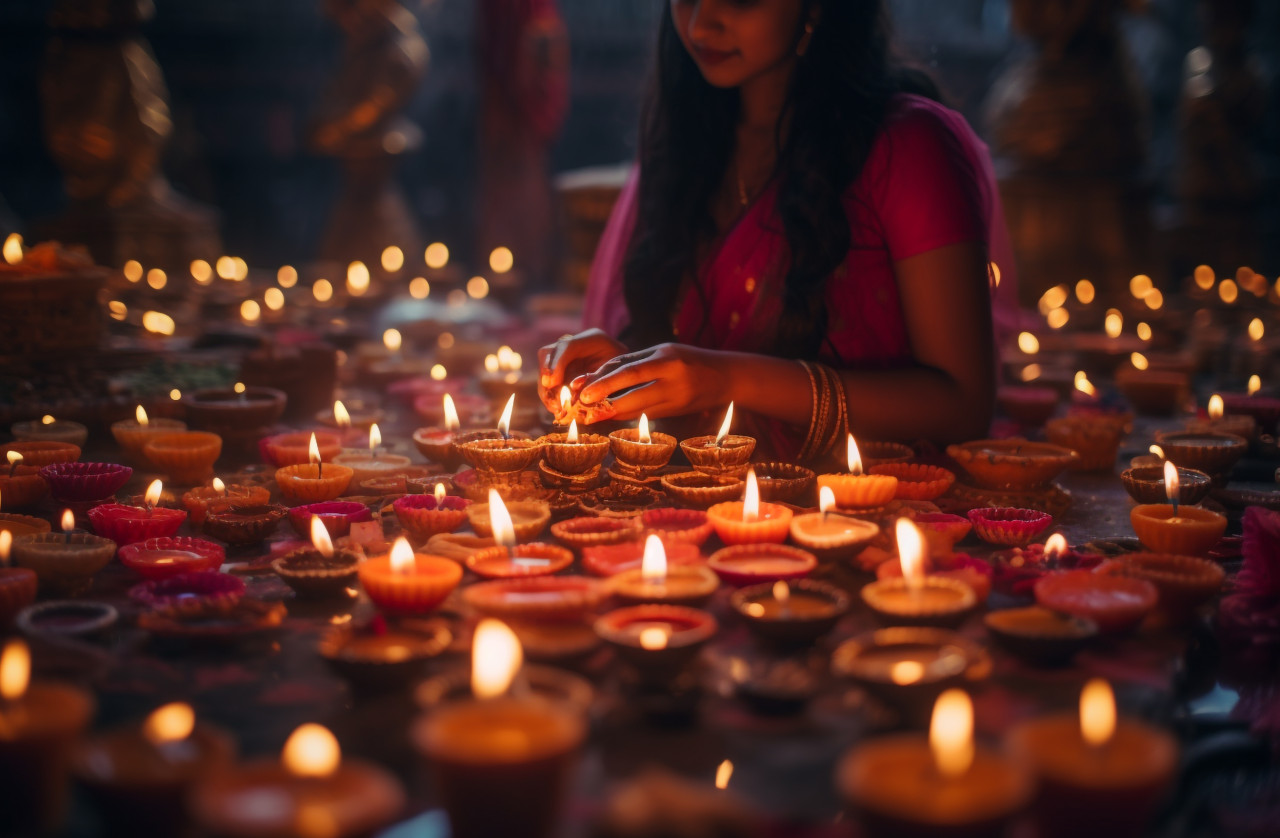The people lighten many candles on a colourful day, diwali festival stock image, diwali festival ai prompt