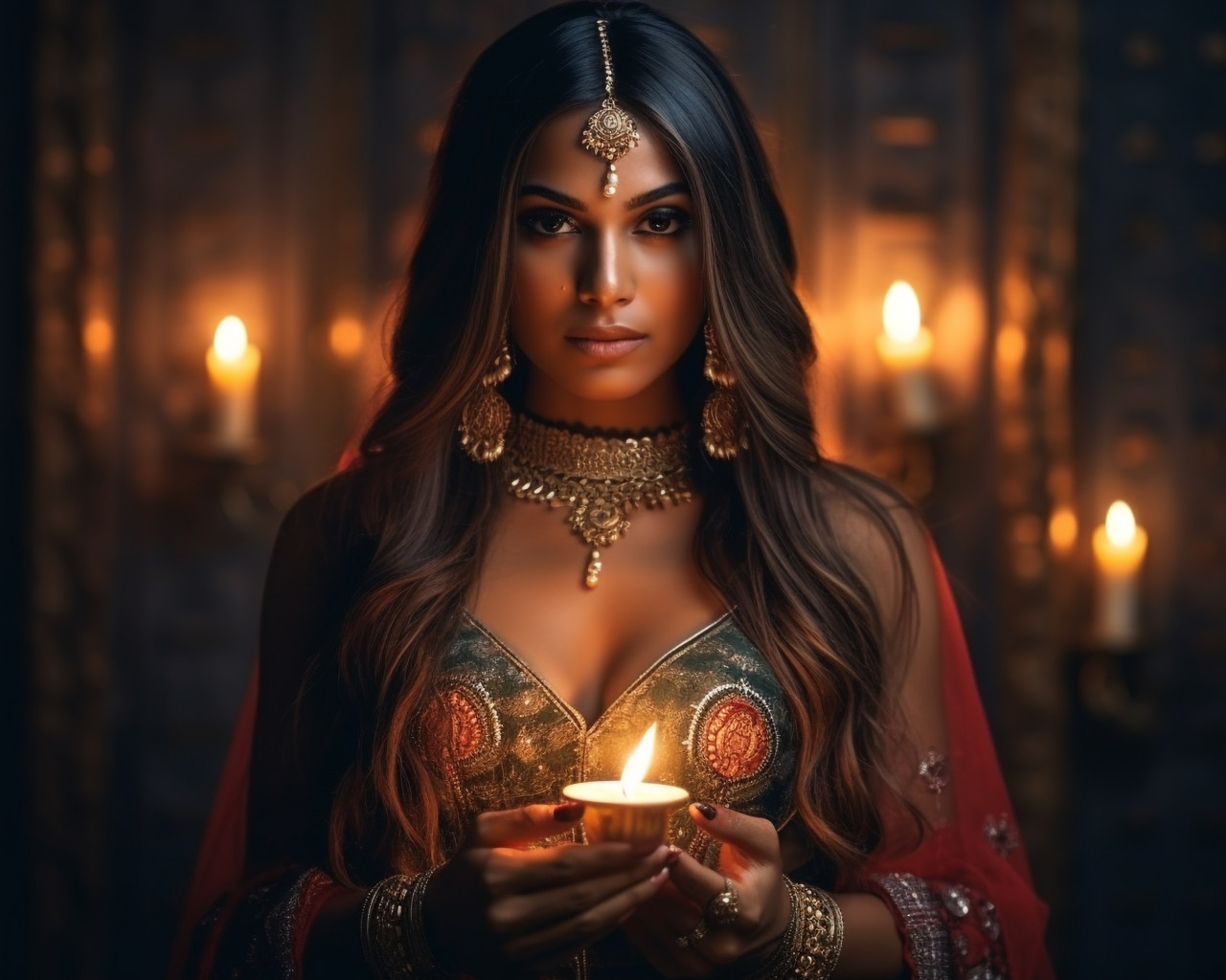 Candlelit beauty in traditional dress, diwali festival stock image, diwali festival ai prompt