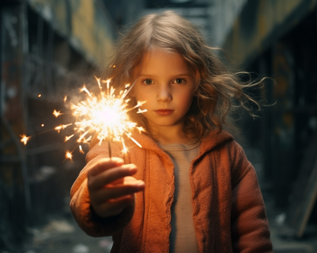 A young girl holds a sparkler up in her hand, diwali festival stock image, diwali festival ai prompt