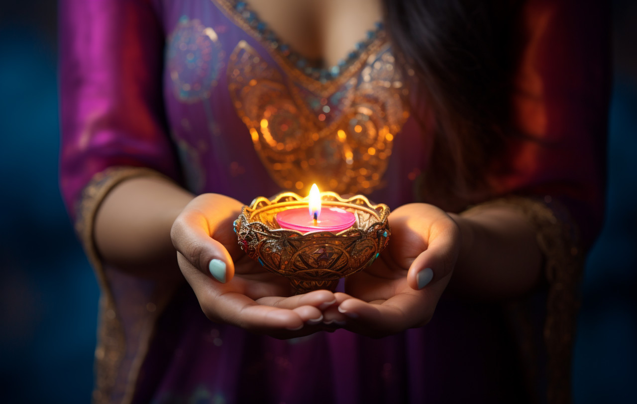 A beautiful woman holds a small diya in her hand, diwali festival stock image, diwali festival ai prompt