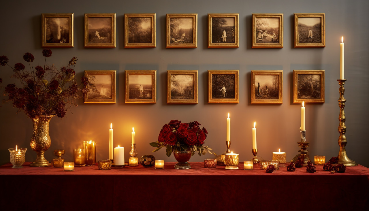 Table with several brass candle holders, diwali festival stock image, diwali festival ai prompt
