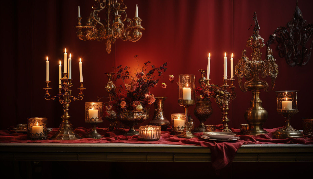 Elegant table with brass candle holders, diwali festival stock image, diwali festival ai prompt