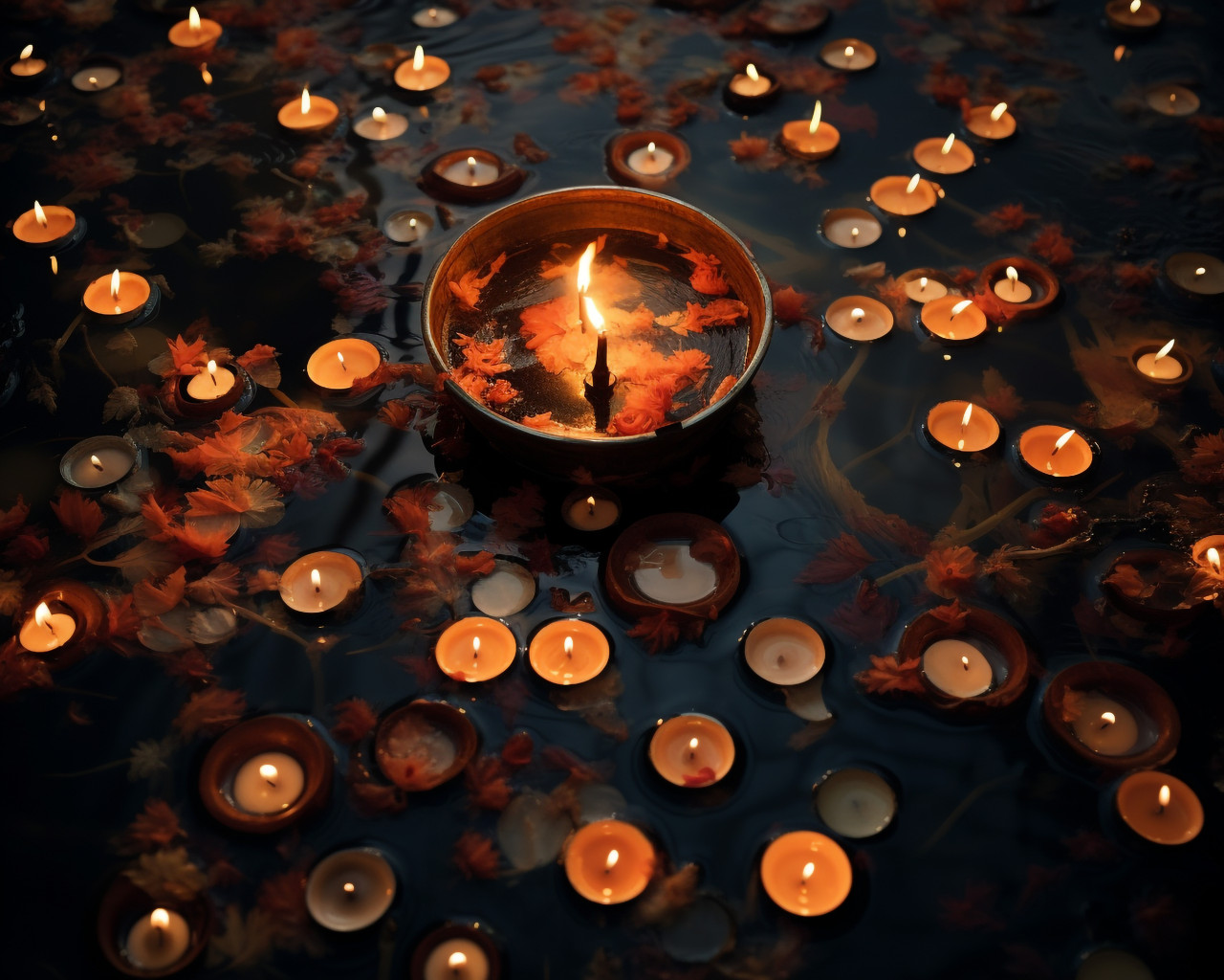 Many diwali candle lit on top of water in the water, diwali festival stock image, diwali festival ai prompt