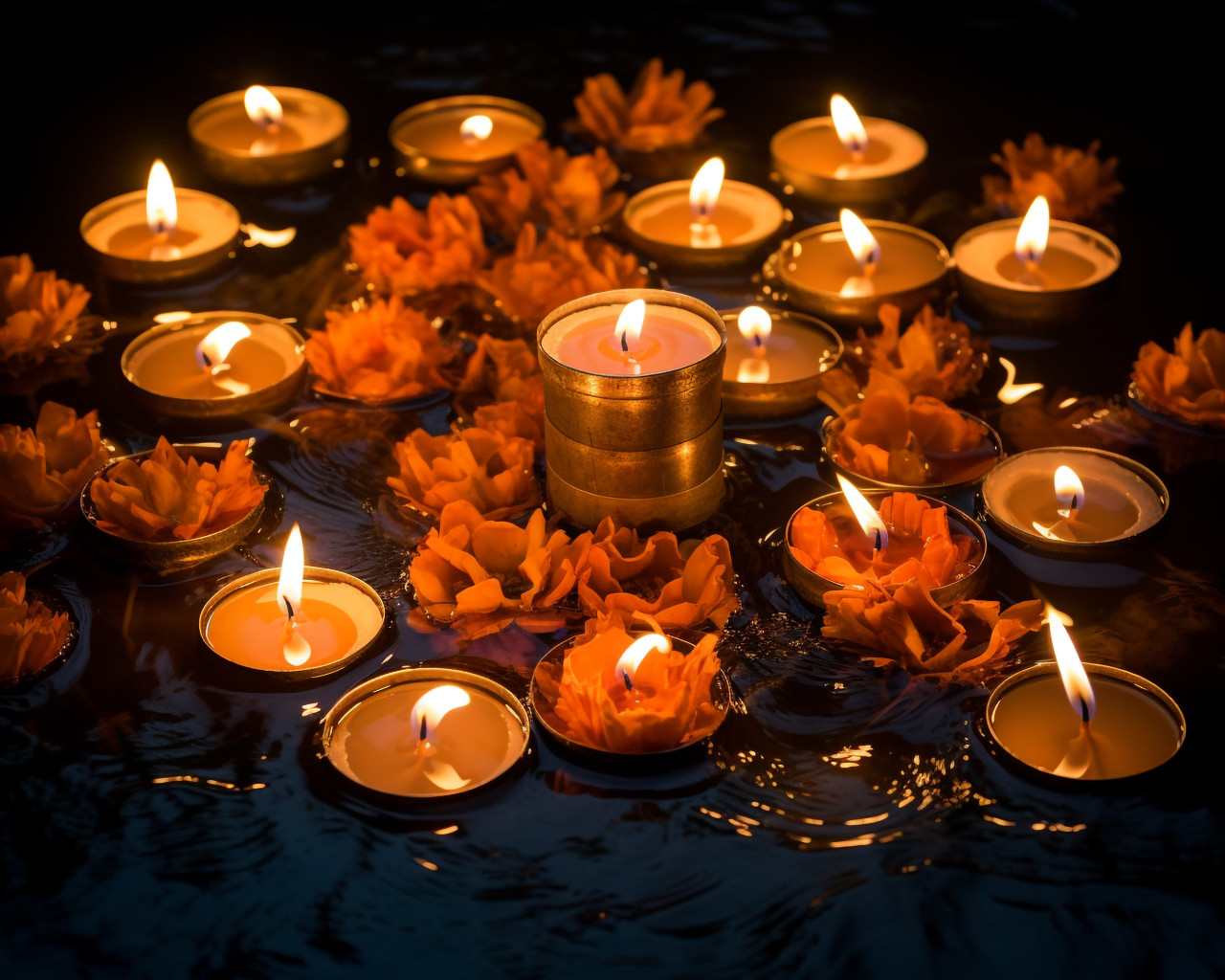 Diwali candles reflecting in the water, diwali festival stock image, diwali festival ai prompt