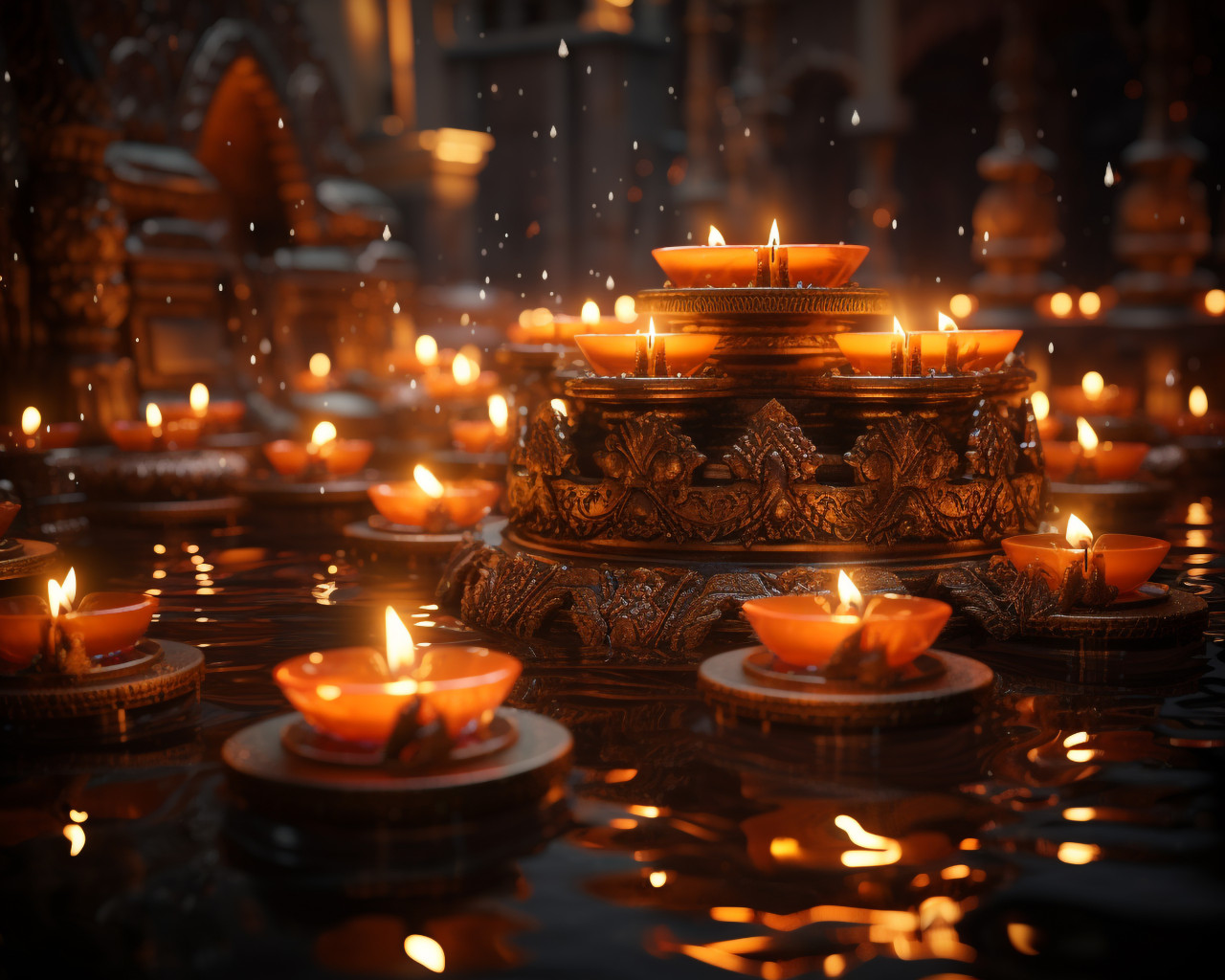 A group of lit candles floating on water, diwali festival stock image, diwali festival ai prompt