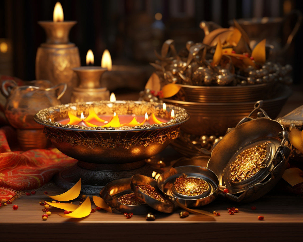 Shining gold diya kadahi on a wooden stand, diwali festival stock image, diwali festival ai prompt