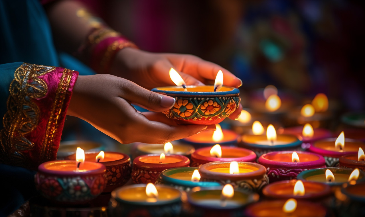 Female hands lighting small tea light candles during diwali, diwali festival stock image, diwali festival ai prompt