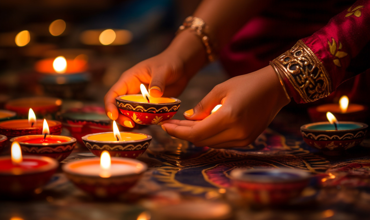 Women lighting diyas during diwali festival, diwali festival stock image, diwali festival ai prompt