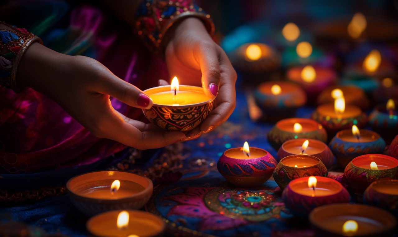 Diwali diyas lit by female hands, diwali festival stock image, diwali festival ai prompt