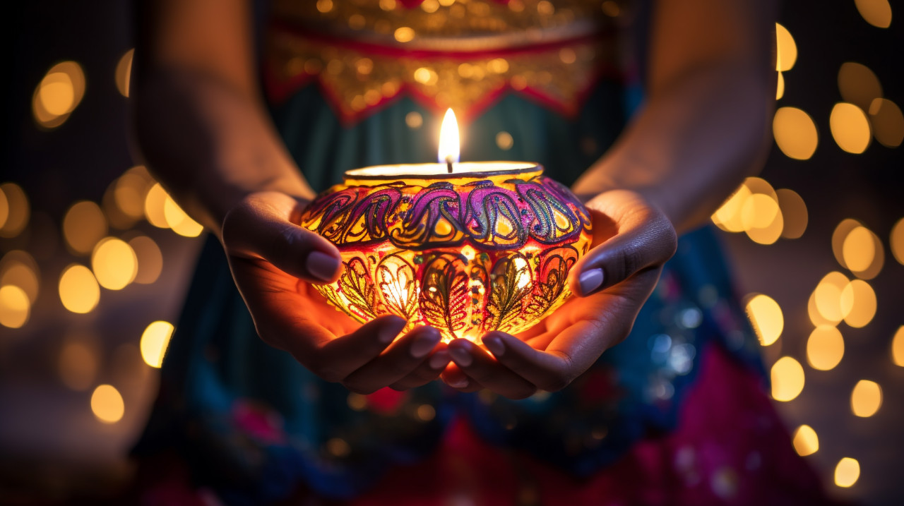 A women is holding a diwali lit candle to decorate it, diwali festival stock image, diwali festival ai prompt