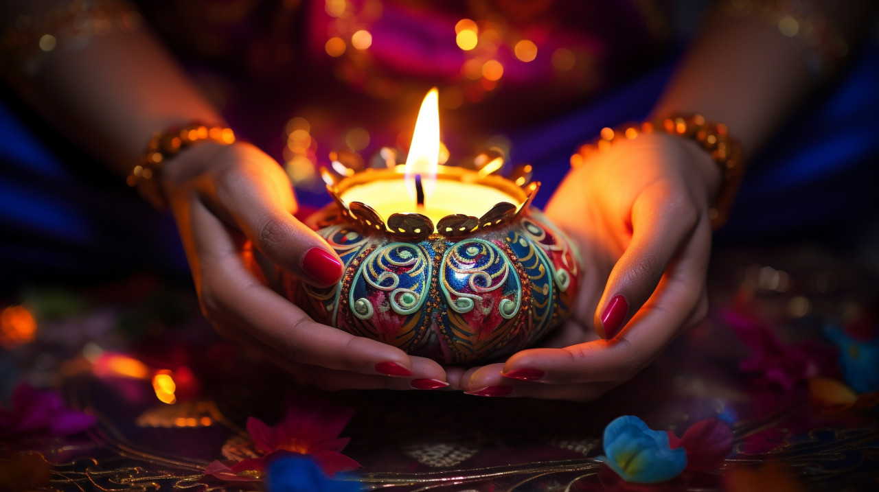 Woman holding lit candle for diwali decoration, diwali festival stock image, diwali festival ai prompt