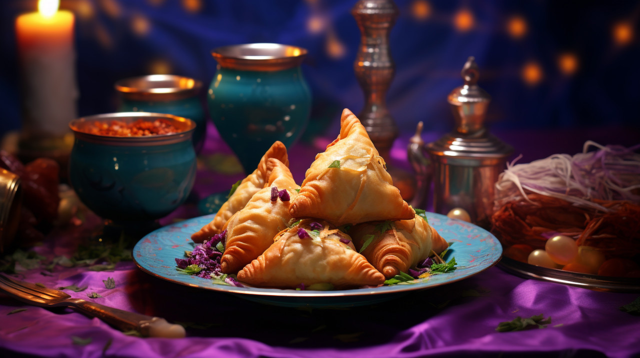 Samosa curry stuffed with methi, diwali festival stock image, diwali festival ai prompt