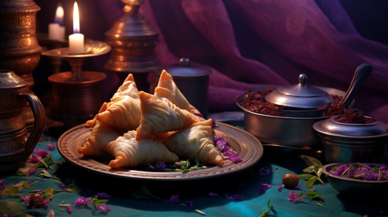 Savory samosa curry with methi, diwali festival stock image, diwali festival ai prompt