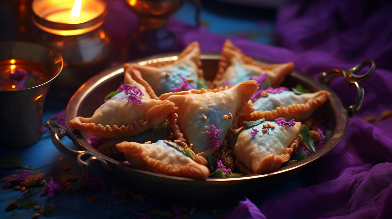 Methi samosa curry in a golden batter, diwali festival stock image, diwali festival ai prompt