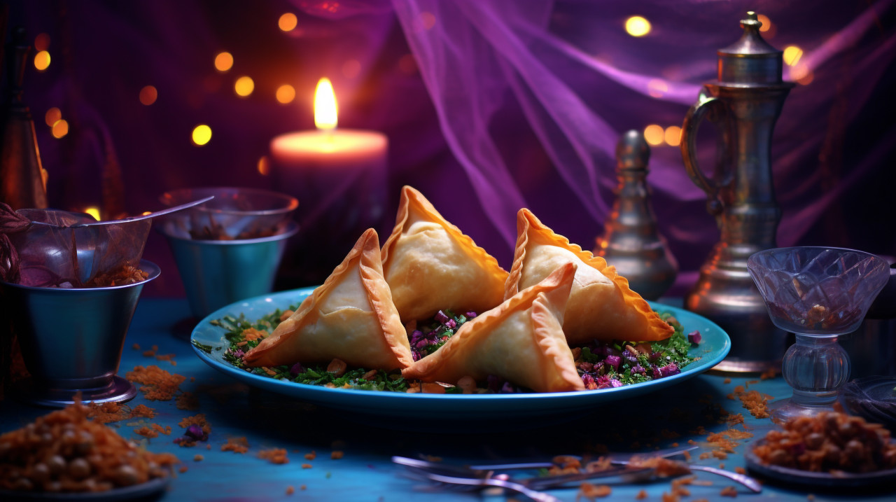 Delicious samosa curry with methi, diwali festival stock image, diwali festival ai prompt