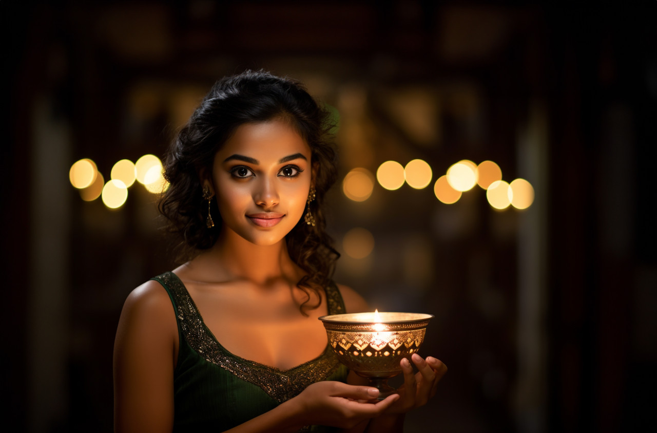 Young indian woman lighting diwali lamp, diwali festival stock image, diwali festival ai prompt